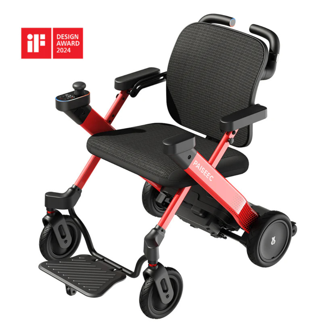 The Paiseec W3 3-in-1 Ultralite Electric Wheelchair Rollator Combo in sleek red and black features adjustable armrests and a compact joystick controller. An iF Design Award 2024 logo graces the images top-left corner, showcasing its acclaimed design.